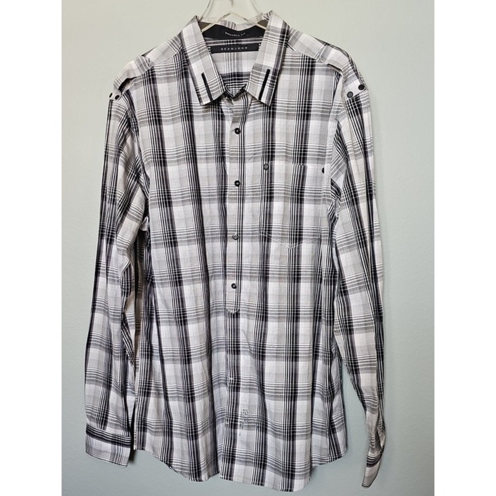 Sean John Tailored Fit Plaid Button Down Shirt Urban Minimalist 3XL Black White